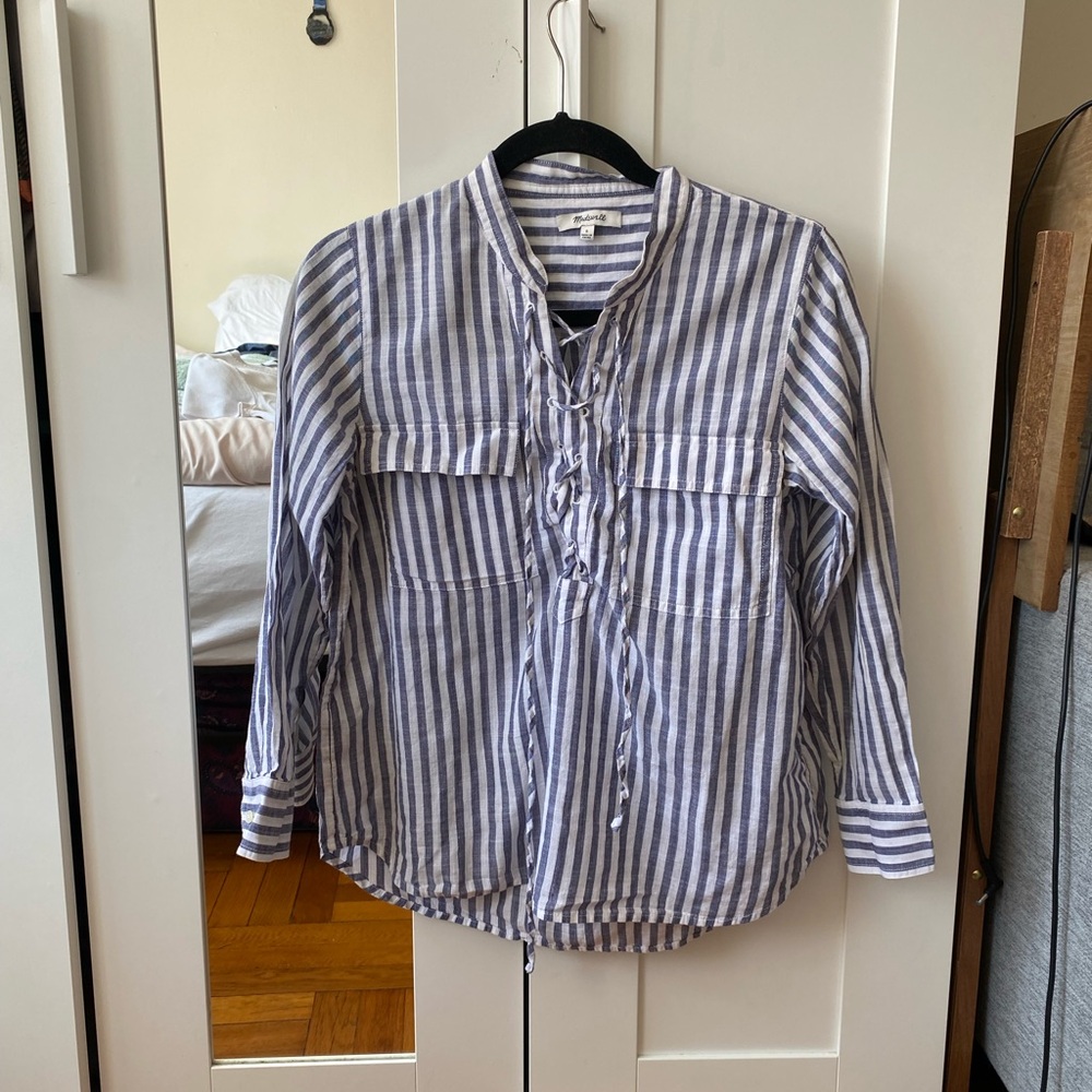 Madewell Striped Lace Up Blouse Womens Small Blue White Cotton Lightweight Top - Picture 8 of 11